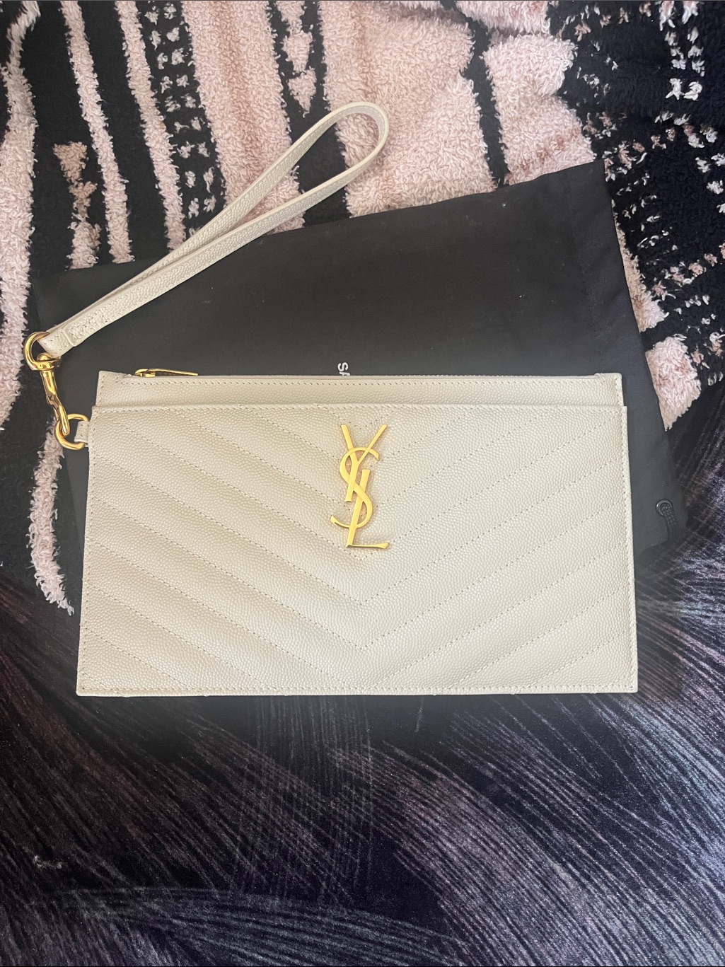 Saint Laurent Cream Quilted Leather Wristlet With Gold Ysl Logo